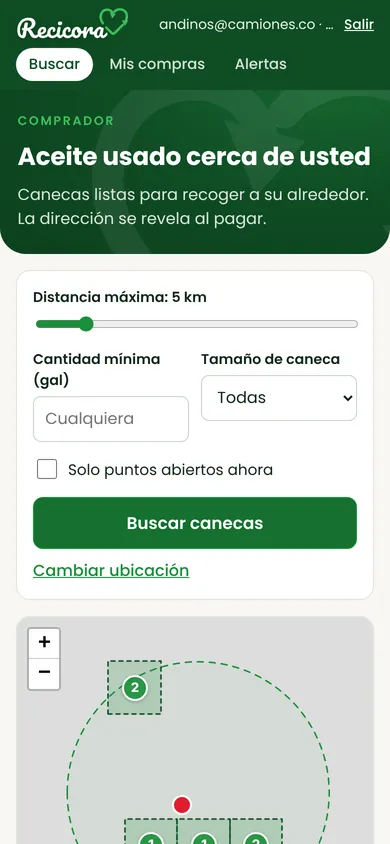Búsqueda de canecas de aceite usado por zonas en la app Recicora